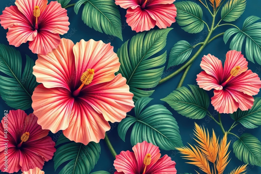 Bold tropical hibiscus & palm, vibrant repeat print , summer, texture, magenta Bold tropical hibiscus & palm, vibrant repeat print , summer, texture, magenta