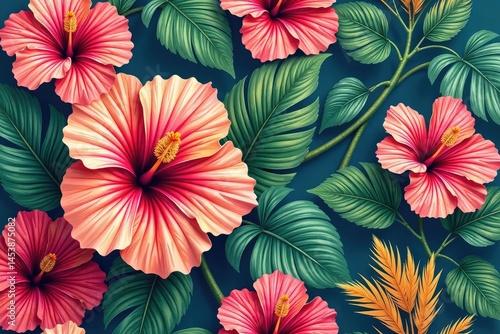 Wallpaper Mural Bold tropical hibiscus & palm, vibrant repeat print , summer, texture, magenta Torontodigital.ca
