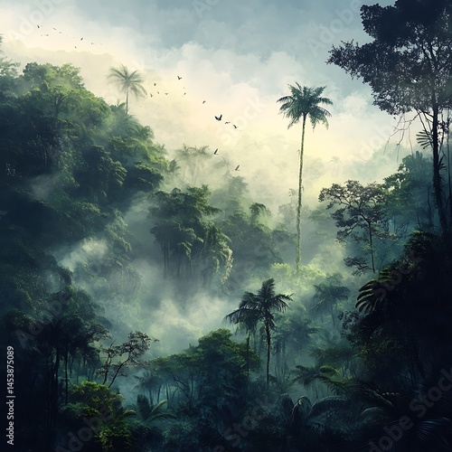 Fototapeta Naklejka Na Ścianę i Meble -  green jungle paradise alive with animals and natural growth image