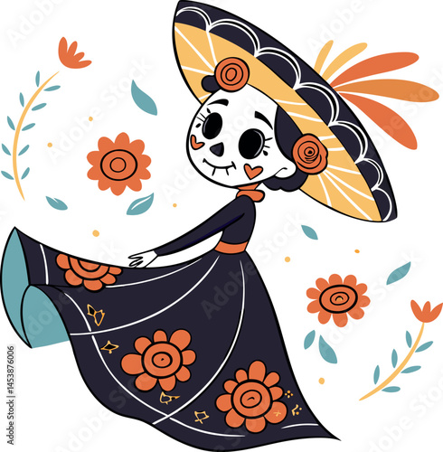 cute day of the dead calavera doll sugar skull fa vector illustration