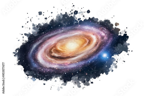 Spiral galaxy watercolor illustration with stars space nebula on transparent background