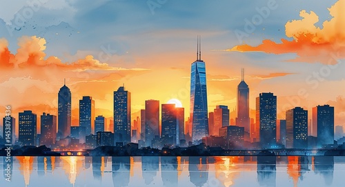 Golden hour over a city skyline with glowing light reflecting off buildings on watercolor soft oranges and blues