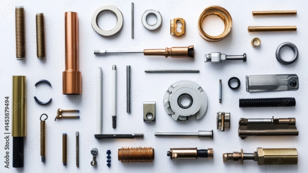 Plumbing components arranged neatly, 45-degree overhead view, soft studio lighting Plumbing components arranged neatly, 45-degree overhead view, soft studio lighting