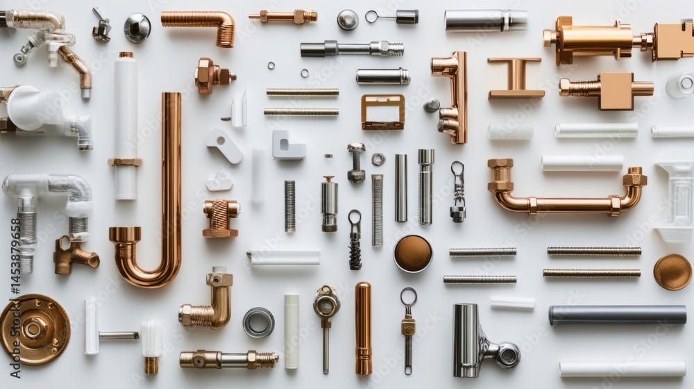 Obraz premium Plumbing components arranged neatly, 45-degree overhead view, soft studio lighting