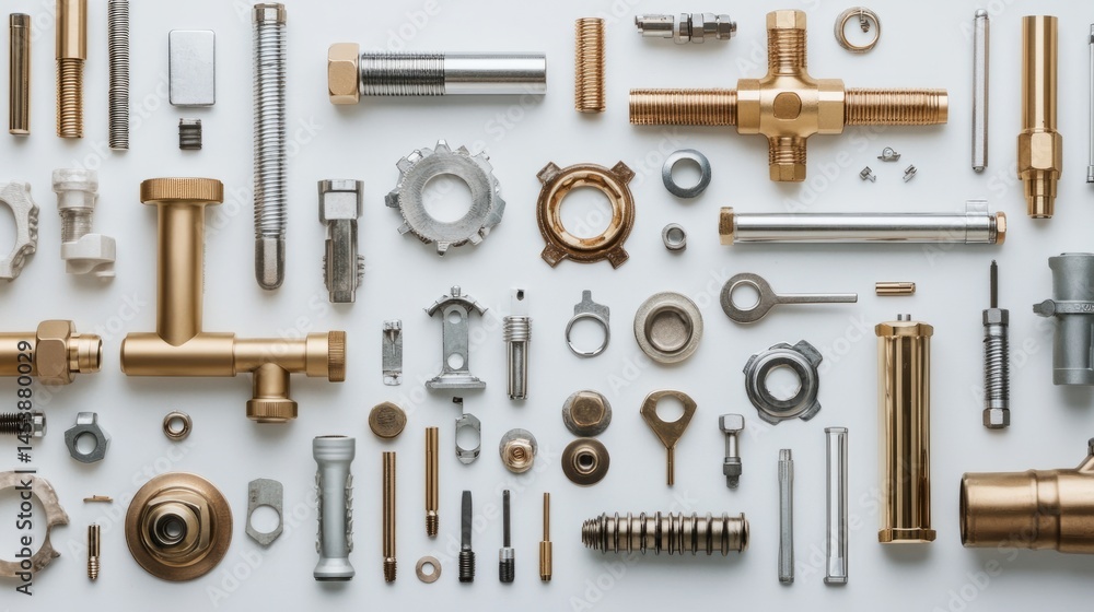 Plumbing components arranged neatly, 45-degree overhead view, soft studio lighting Plumbing components arranged neatly, 45-degree overhead view, soft studio lighting