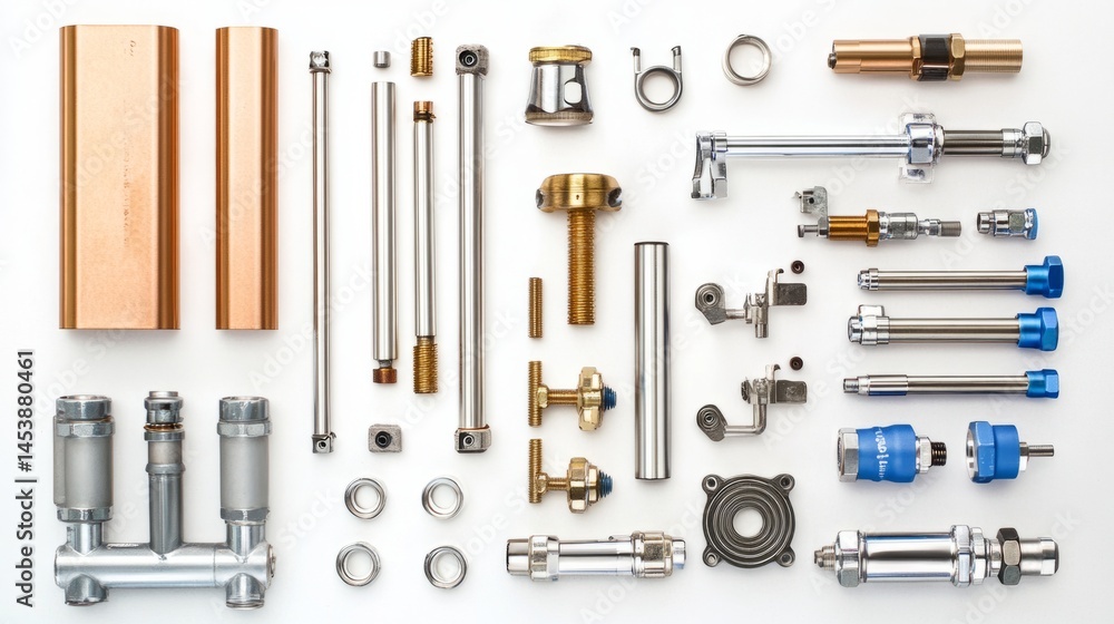 Fototapeta premium Plumbing components arranged neatly, 45-degree overhead view, soft studio lighting