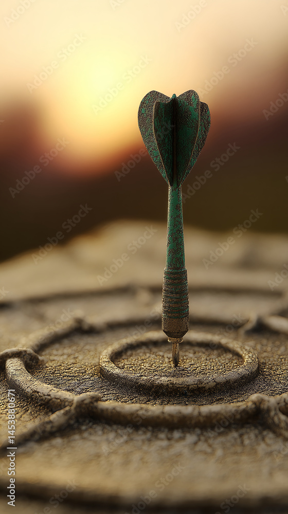 Green dart in bullseye, textured surface, sunset background, symbolizes achievement, success, target, goal Green dart in bullseye, textured surface, sunset background, symbolizes achievement, success, target, goal