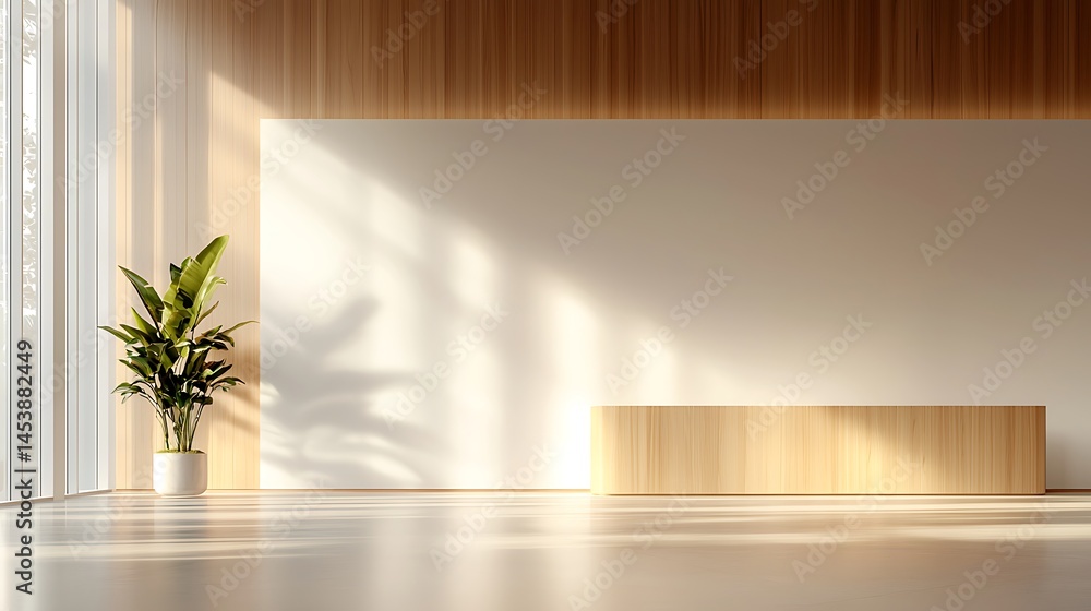 Modern Minimalist Wooden Reception Lobby With Sunlight Modern Minimalist Wooden Reception Lobby With Sunlight