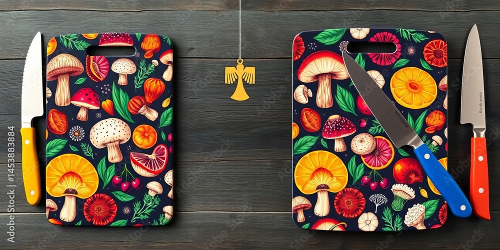 Vibrant cutting boards showcasing seamless mushroom & fruit patterns, accompanied by colorful knives, vibrant, fruit Vibrant cutting boards showcasing seamless mushroom & fruit patterns, accompanied by colorful knives, vibrant, fruit