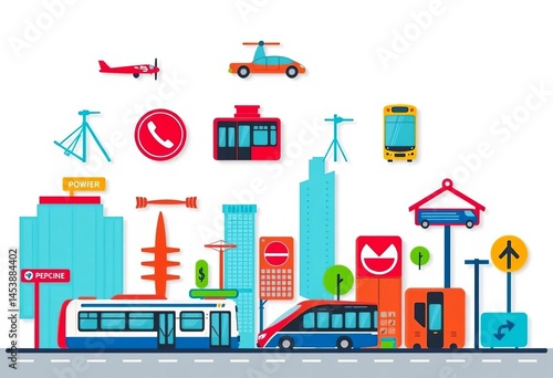 Vibrant flat design of various city transport icons on white, collection, transportation system
