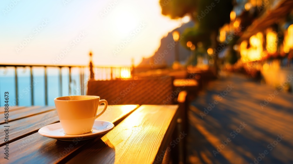 Serene sunset view with a coffee cup on a wooden table by the seaside, creating a tranquil atmosphere Serene sunset view with a coffee cup on a wooden table by the seaside, creating a tranquil atmosphere