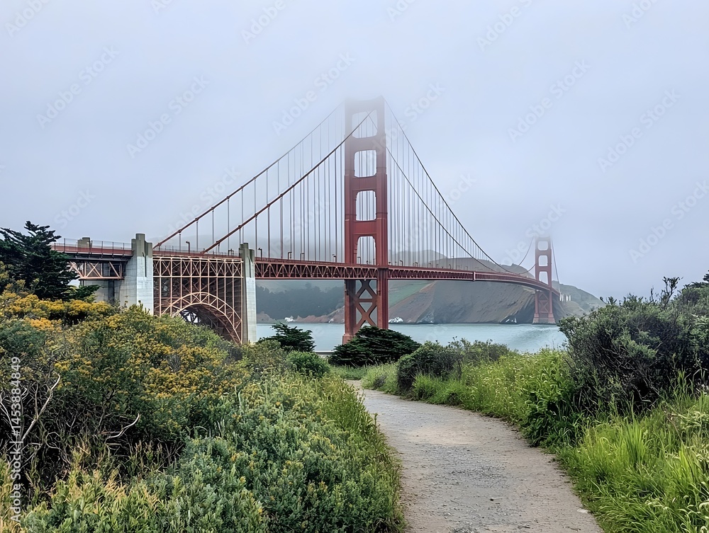 Naklejka premium Golden Gate Bridge in Misty Weather - Iconic San Francisco Landmark for Visitors Exploring Nature Trails and Urban Landscapes