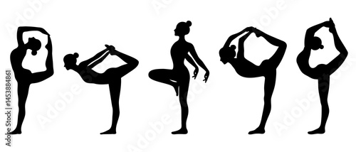 Single Leg Standing Yoga Poses Silhouette Black Filled - Vector Illustration Icon.