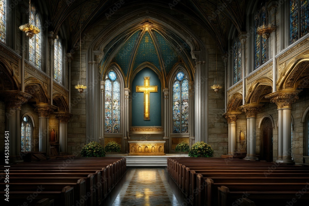 Fototapeta premium Majestic interior of a grand church with stained glass windows