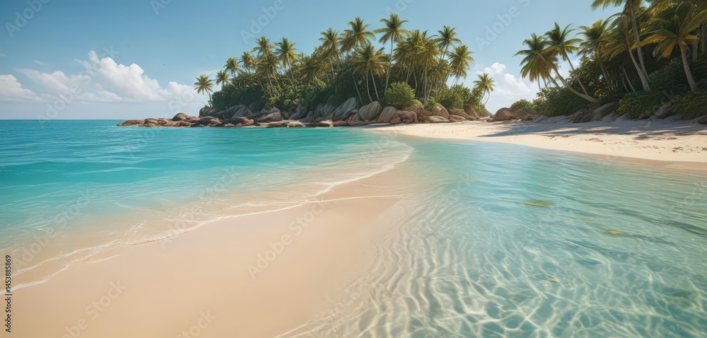 Fototapeta premium Golden sand, turquoise water, lush island backdrop, blue, tropical
