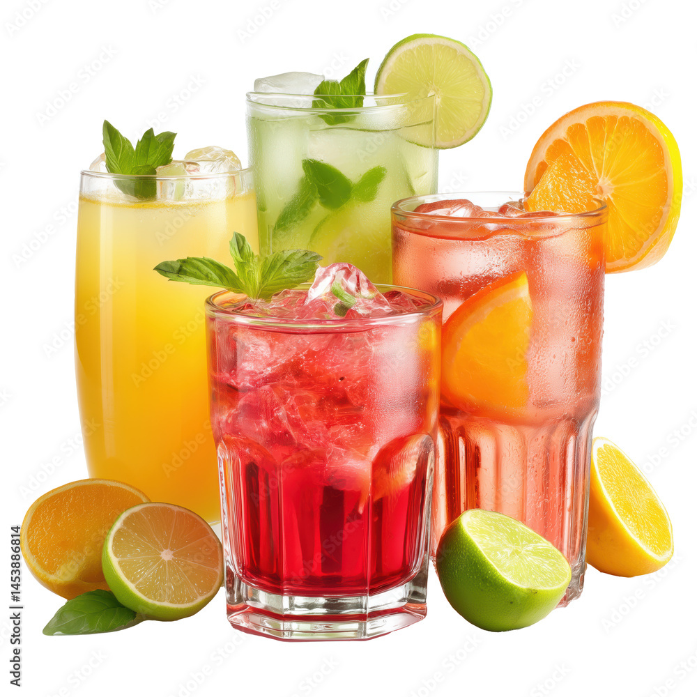 A Colorful Array of Refreshing Fruit Drinks , isolated on white background PNG A Colorful Array of Refreshing Fruit Drinks , isolated on white background PNG
