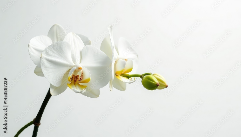 Obraz premium Delicate white orchid blossom against pure white backdrop, closeup, art