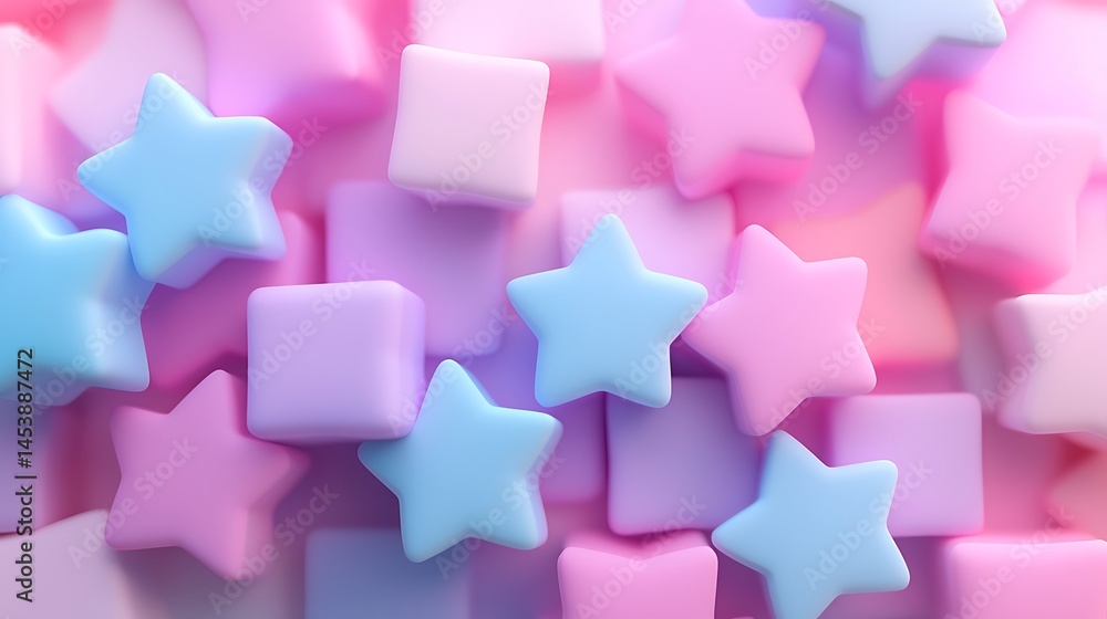 Pastel Pink Blue Purple 3D Render of Stars and Squares Pastel Pink Blue Purple 3D Render of Stars and Squares