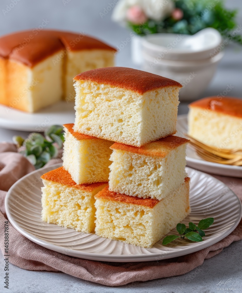 Japanese bread cake served on a plate with floral decoration Japanese bread cake served on a plate with floral decoration