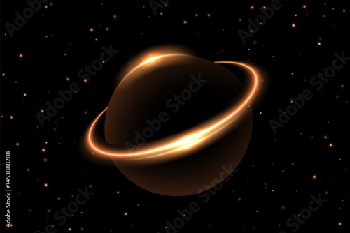Glowing planet with luminous rings in outer space. Abstract illustration of a Saturn-like planet surrounded by stars on dark background. Futuristic cosmic vector illustration.