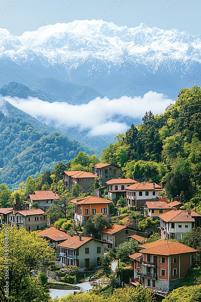 Fototapeta premium Mountain Village, Misty Valley, Sunny Day