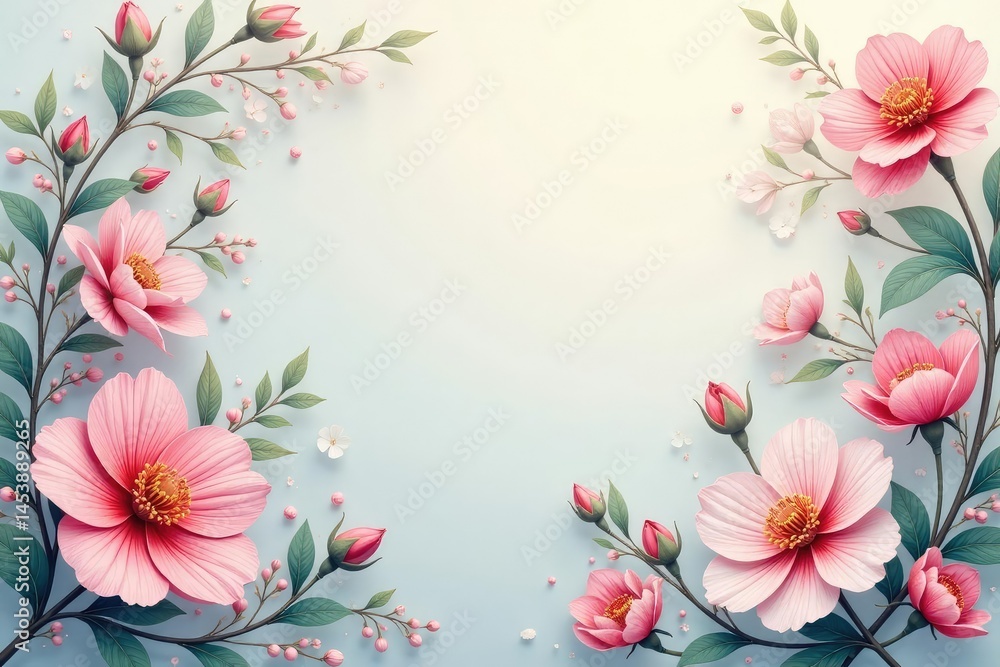Fototapeta premium Intricate floral design with delicate leaves and blossoms in a soft palette , soft, background