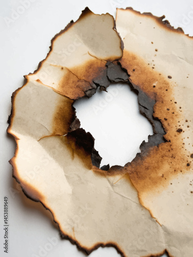 Roughly burned and torn paper illustration ideal for synthesis material with charred edges, scorched texture, and damaged aged appearance for dramatic visual effects