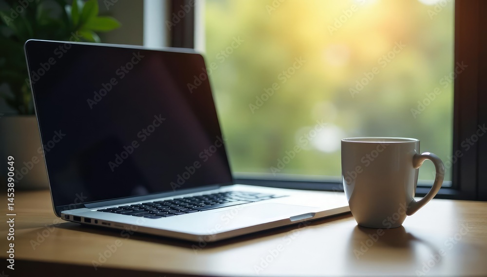 Fototapeta premium Laptop on desk, empty coffee cup, window view, isolation, minimalist, clean