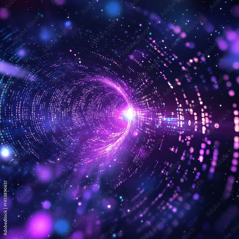 Obraz premium Abstract futuristic quantum computing technology concept with floating binary code and glowing purple energy core in dark space, data processing hi tech science innovation background.