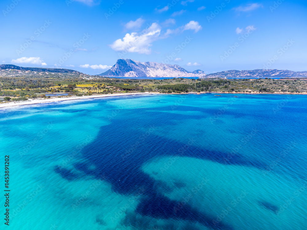 Drone view of beautiful Cala Brandinchi beach in springtime