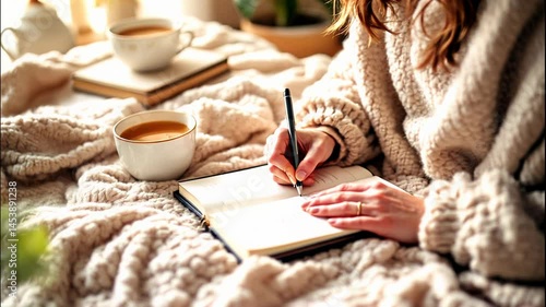 Woman in sweater writing in notebook, with cup of coffee. Morning planning, journaling in cozy home. Author inspiration and lifestyle for creative work.