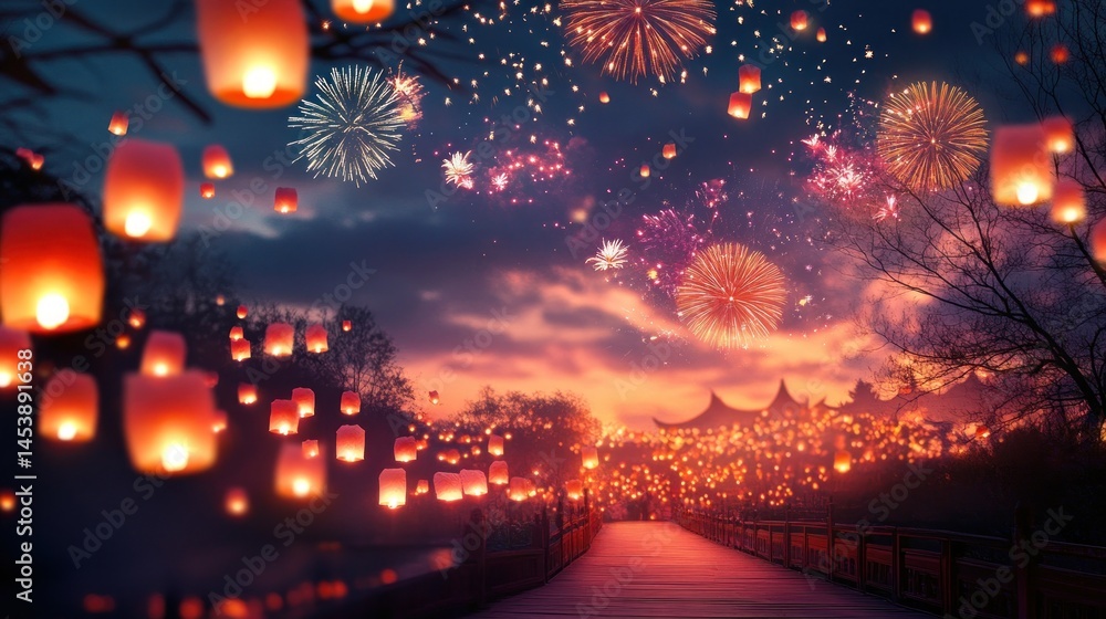 Floating lanterns, fireworks, and a serene night. A beautiful spectacle of glowing lanterns illuminating a pathway at night, fireworks, and a tranquil sky Floating lanterns, fireworks, and a serene night. A beautiful spectacle of glowing lanterns illuminating a pathway at night, fireworks, and a tranquil sky