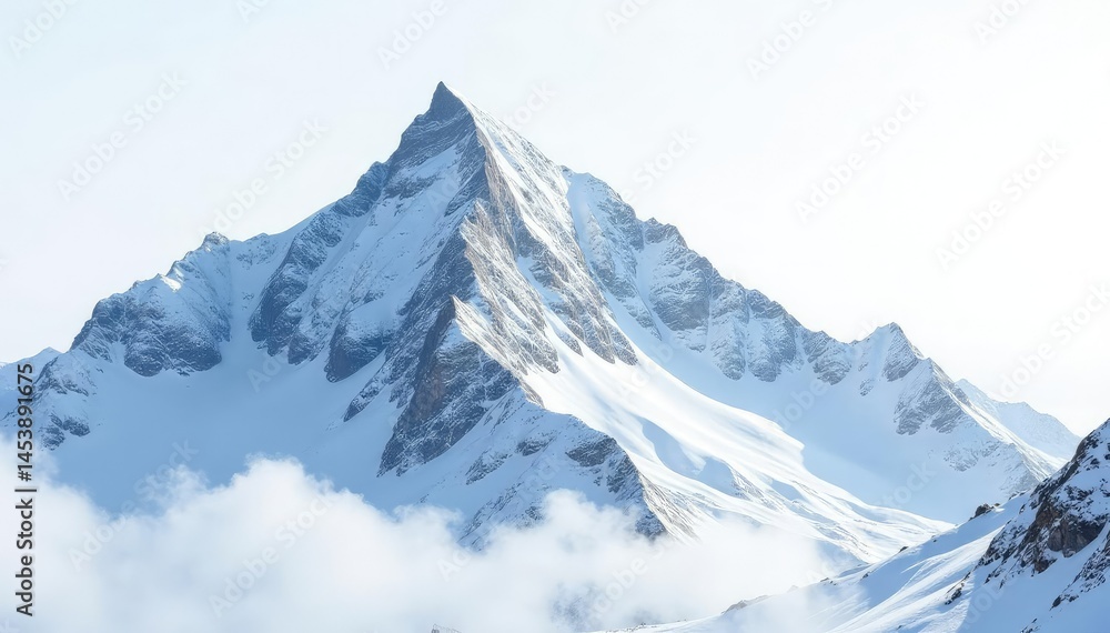 Snow-covered mountain peak against a bright white sky, summit, horizon, peak Snow-covered mountain peak against a bright white sky, summit, horizon, peak