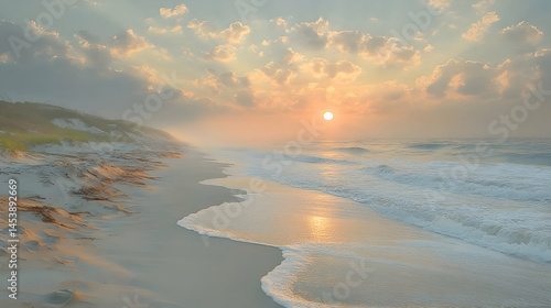 Serene sunrise over a misty beach gentle waves lapping the shore Golden sunlight reflects on the wet sand Dunes and g