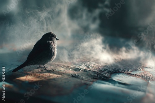 Small Bird Perched on Detailed, Colorful Map with Soft Background Haze, Symbolizing Travel or Exploration Theme