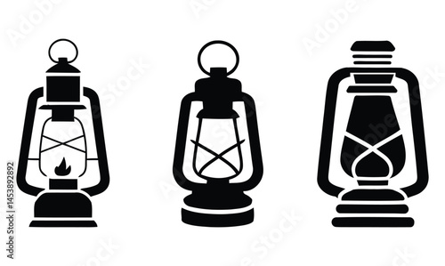 Set of Vintage Kerosene Lantern Silhouettes – Black Vector Oil Lamp Icons on White Background