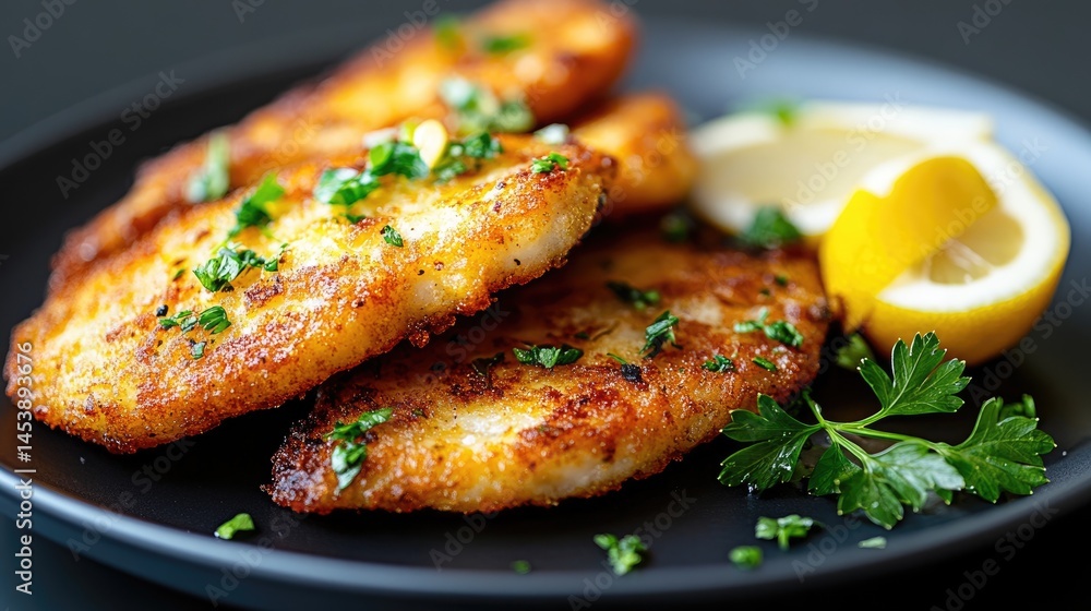 Golden schnitzel garnished with lemon and fresh parsley. A delicious balance of textures and flavors. Golden schnitzel garnished with lemon and fresh parsley. A delicious balance of textures and flavors.