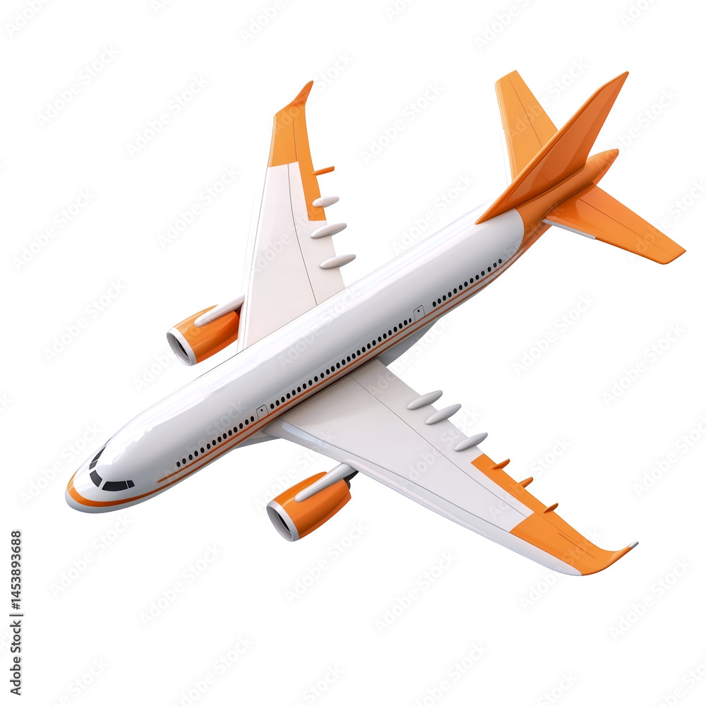 3D White and orange Airplane Isolated on Transparent Background