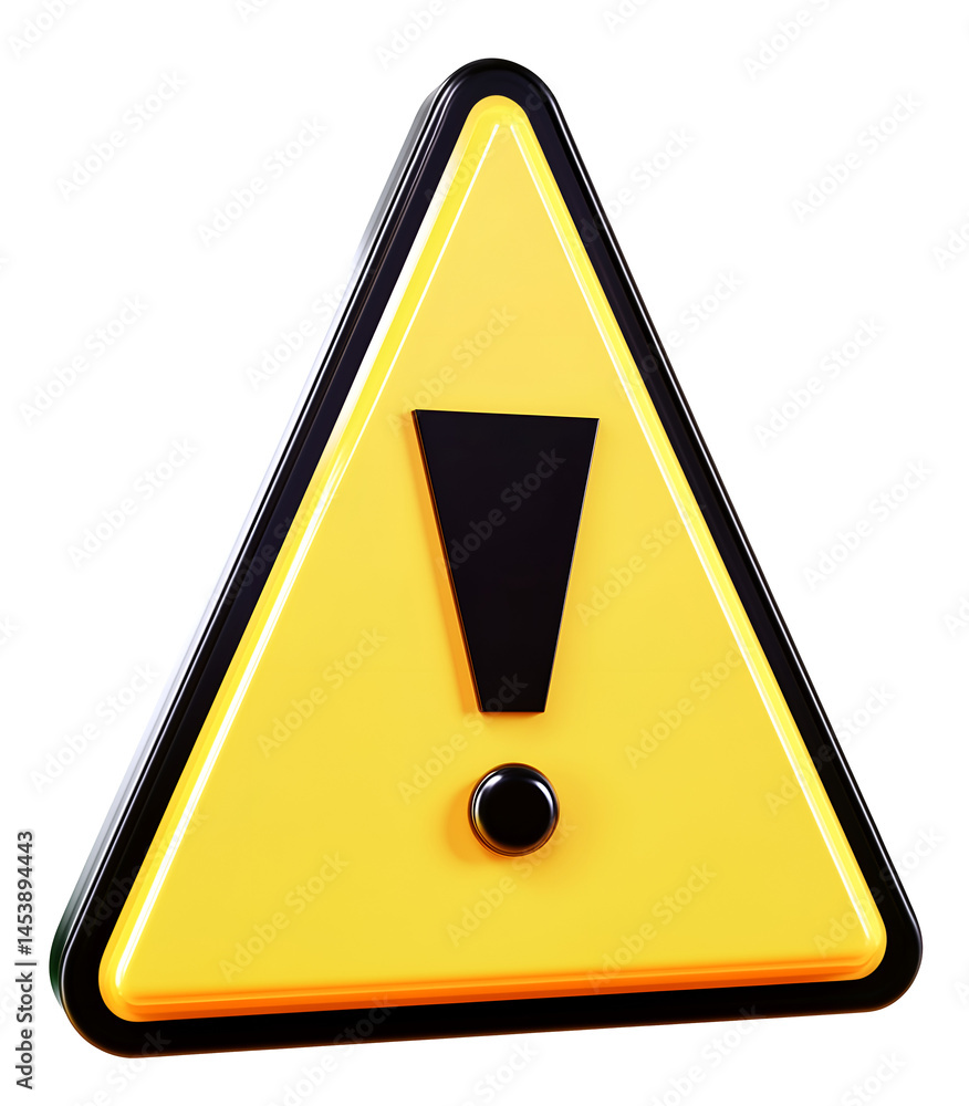 3D Yellow Caution Triangle with Exclamation Mark Isolated on Transparent Background
