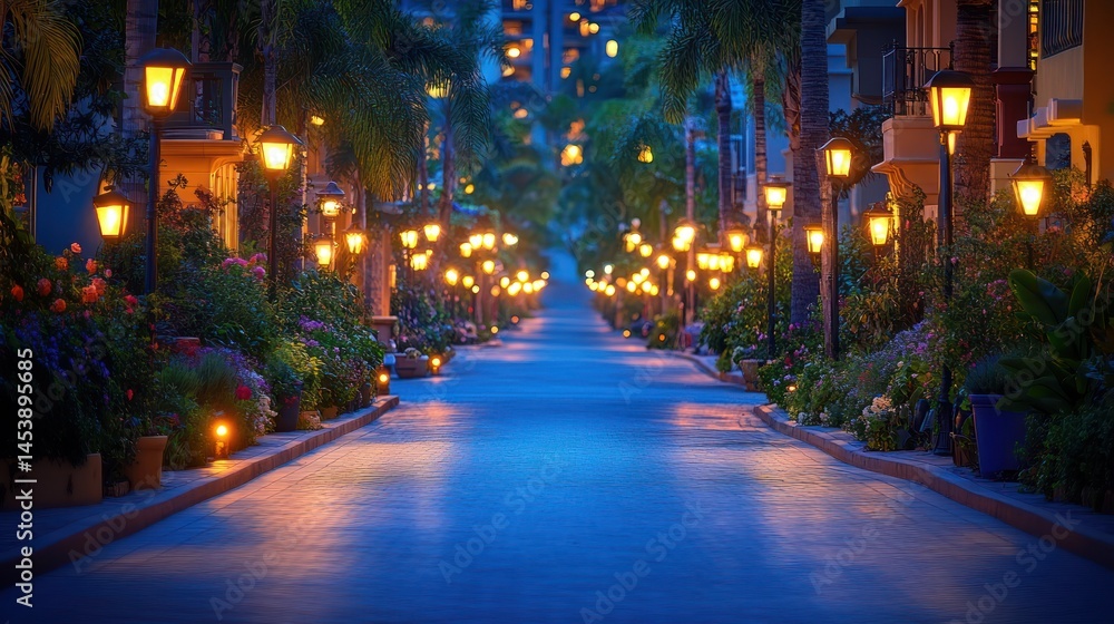 Night street lined with palm trees and lanterns Night street lined with palm trees and lanterns