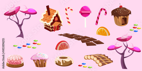 Candy land background with sweets and desserts. Chocolate path, candy cane, lollipop, gingerbread house, cupcakes, donut, candy trees, colorful candies, fruit slices. Cartoon vector illustrations set.