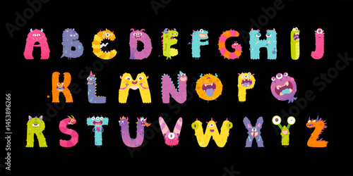 Cute monster alphabet font. Colorful letters from A to Z designed as funny monsters with eyes, teeth, horns, and unique textures. Cartoon vector illustration.