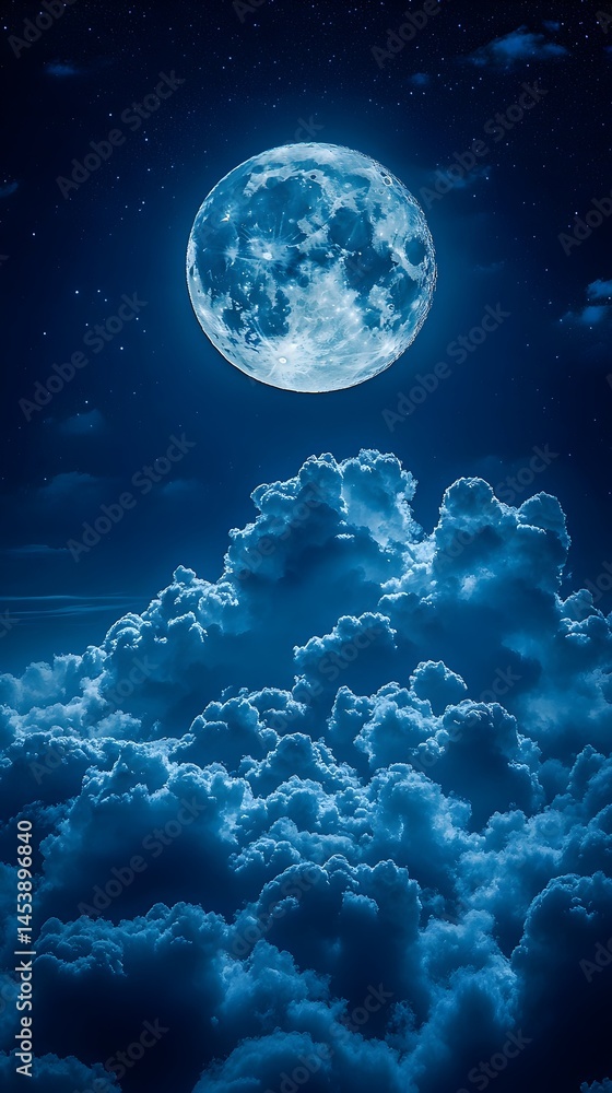Fototapeta premium Full moon glowing above a dense layer of clouds in a night sky filled with stars Serene and ethereal scene