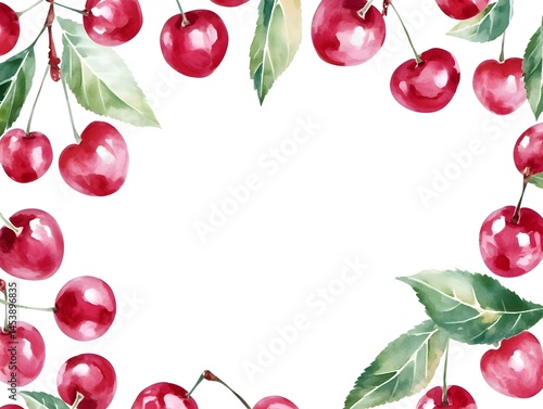 Watercolor Cherry Frame Design, Hand Painted Cherry Border Illustration, Cherry Wreath Watercolor Decor, Cherry Frame Decoration, Cherry Border Art for Design