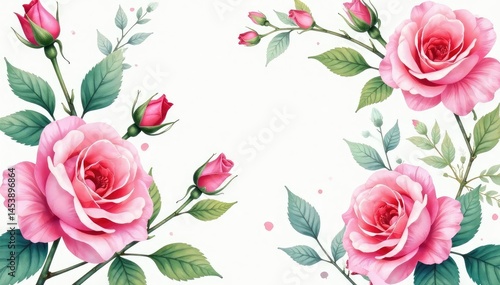 Delicate watercolor roses, leaves, and buds form a continuous floral pattern , pink, rose pattern