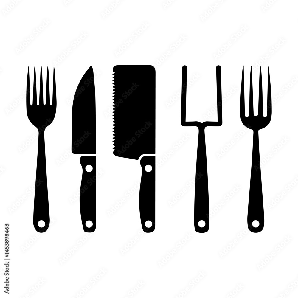Fototapeta premium Black Fork Knife Cleaver Icon Pack Vector
