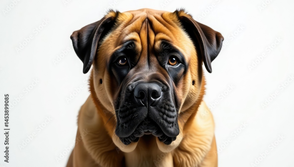 Fototapeta premium Imposing mastiff, intense gaze, pure white backdrop, animal, brown, powerful