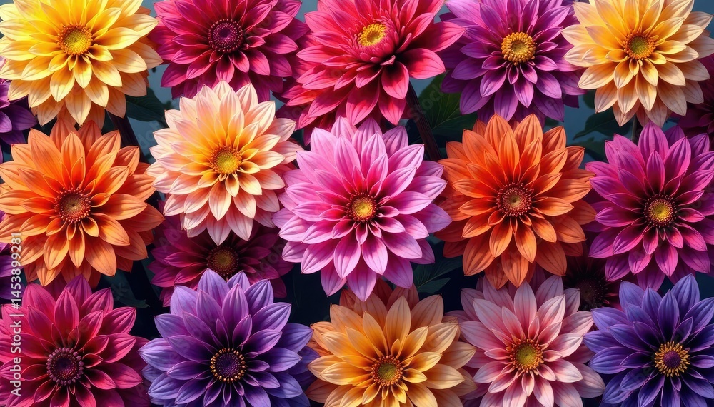 Intricate dahlia blooms, vibrant hues, repeating pattern, head, bloom Intricate dahlia blooms, vibrant hues, repeating pattern, head, bloom