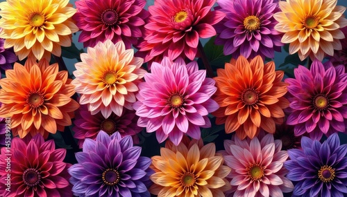 Intricate dahlia blooms, vibrant hues, repeating pattern, head, bloom