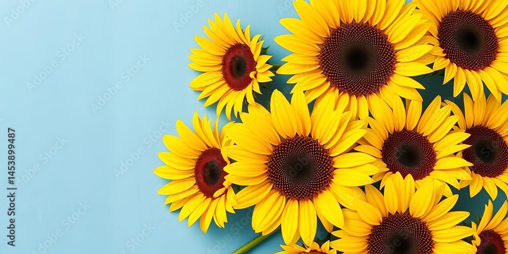 Vibrant yellow sunflowers cluster on a textured blue background Summer sale, Mother's Day, image, botany Vibrant yellow sunflowers cluster on a textured blue background Summer sale, Mother's Day, image, botany